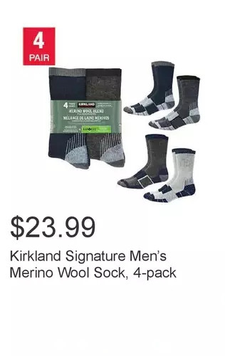 Costco Kirkland signature men’s merino wool sock, 4-pack offer