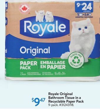Walmart Royale original bathroom tissue in a recyclable paper pack offer