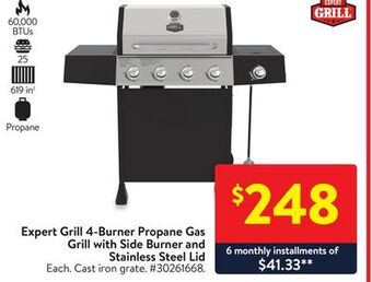 Walmart Expert grill 4-burner propane gas grill with side burner and stainless steel lid offer