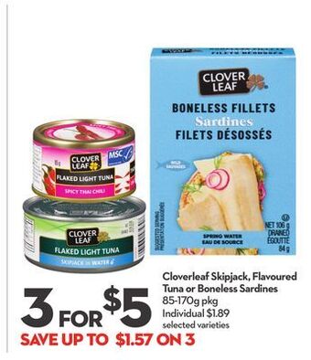Longo's Cloverleaf skipjack, flavoured tuna or boneless sardines offer