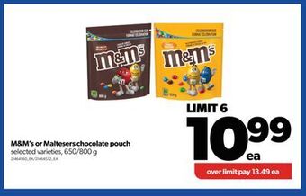 Real Canadian Superstore M&m's or maltesers chocolate pouch, 650/800 g offer