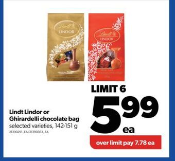 Real Canadian Superstore Lindt lindor or ghirardelli chocolate bag, 142-151 g offer