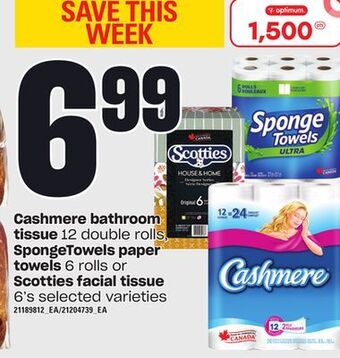 Loblaws Cashmere bathroom tissue 12 double rolls, spongetowels paper towels 6 rolls or scotties facial tissue 6's offer