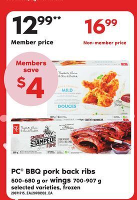 Loblaws Pc® bbq pork back ribs 500-680 g or wings 700-907 g offer