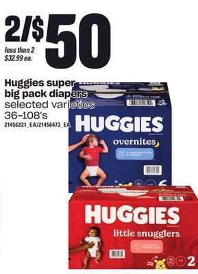 Loblaws Huggies super big pack diapers, 36-108's offer