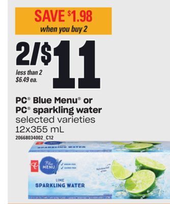 Loblaws Pc® blue menu or pc sparkling water, 12x355 ml offer