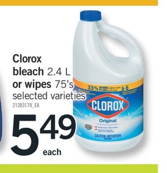 Fortinos Clorox bleach 2.4 l or wipes 75' s offer