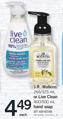 Fortinos J.r. watkins 266/325 ml or live clean 400/500 ml hand soap offer