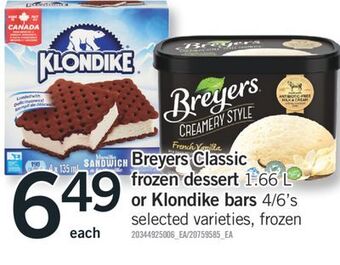 Fortinos Breyers classic frozen dessert, 1.66 l or klondike bars, 4/6' s offer