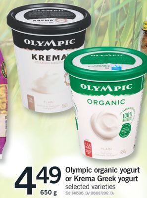 Fortinos Olympic organic yogurt or krema greek yogurt, 650 g offer