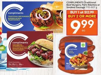 Foodland Compliments traditional beef burgers, pork ribettes or smoked sausage 770-907 g offer
