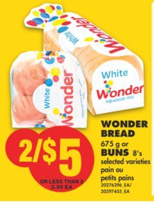 No Frills Wonder bread, 675 g or buns, 8's offer