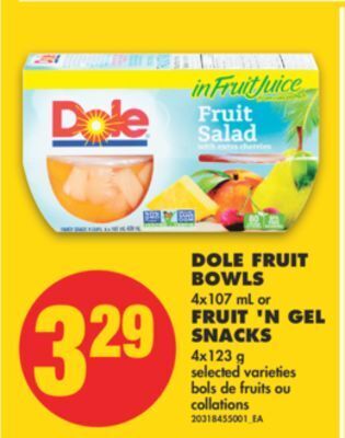No Frills Dole fruit bowls 4x107 ml or fruit 'n gel snacks 4x123 g offer