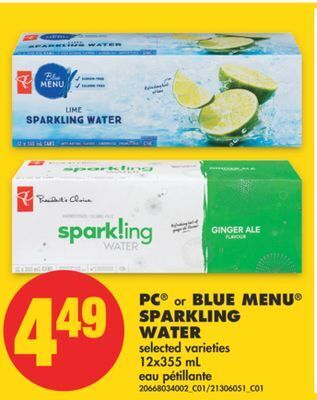 No Frills Pc® blue menu sparkling water, 12x355 ml offer