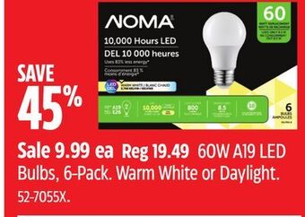 Canadian Tire Noma 60w a19 led bulbs, 6-pack offer
