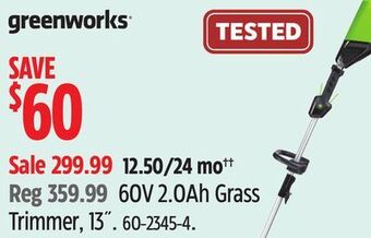 Canadian Tire Greenworks 60v 2.0ah grass trimmer, 13 offer