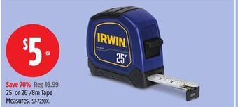 Canadian Tire Irwin 25' or 26'/8m tape measures offer