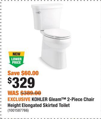 Home Depot Exclusive kohler gleam™ 2-piece chair height elongated skirted toilet offer