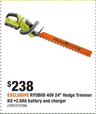 Home Depot Exclusive ryobi® 40v 24 hedge trimmer kit •2.0ah battery and charger offer
