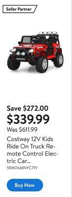 Walmart Costway 12v kids ride on truck remote control electric car w/lights&music white offer