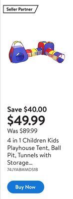 Walmart 4 in 1 children kids playhouse tent, ball pit, tunnels with storage bag offer
