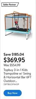 Walmart Topbuy 3-in-1 kids trampoline w/ swing & horizontal bar 6ft outdoor indoor rectangle toddler trampoline w/ enclosure safety n offer