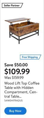 Walmart Wood lift top coffee table with hidden compartment, central table with wooden lift tabletop and metal frame, for living room, offer