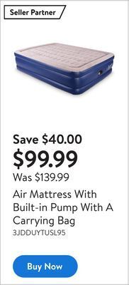 Walmart Air mattress with built-in pump with a carrying bag offer