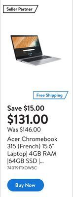 Walmart Acer chromebook 315 (french) 15.6 laptop| 4gb ram |64gb ssd | chrome os | french keyboard offer