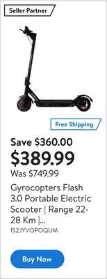 Walmart Gyrocopters flash 3.0 portable electric scooter | range 22-28 km | speed 25 km/h | 350w motor offer