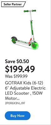Walmart Gotrax kids (6-12) 6 adjustable electric led scooter , 150w motor and 25.2v 2.6ah lithium battery safety ul certified offer