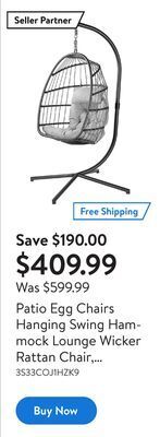 Walmart Patio egg chairs hanging swing hammock lounge wicker rattan chair, 350 lbs capacity offer