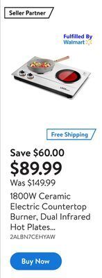 Walmart 1800w ceramic electric countertop burner, dual infrared hot plates cooker stainless steel cooktop with adjustable temperature offer