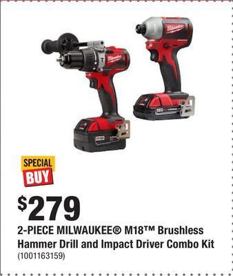 Home Depot 2-piece milwaukee® m18™ brushless hammer drill and impact driver combo kit offer