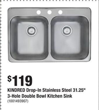 Home Depot Kindred drop-in stainless steel 31.25 3-hole double bowl kitchen sink offer