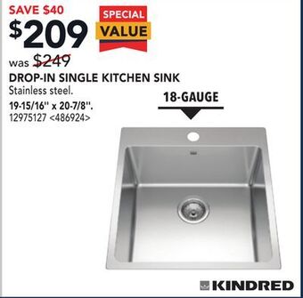RONA Kindred drop-in single kitchen sink 19-15/16 x 20-7/8 offer
