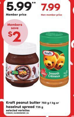 Zehrs Markets Kraft peanut butter, 750 g-1 kg or hazelnut spread, 725 g offer