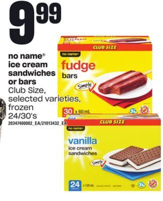 Zehrs Markets No name® ice cream sandwiches or bars, 24/30's offer