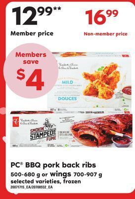 Zehrs Markets Pc® bbq pork back ribs 500-680 g or wings 700-907 g offer