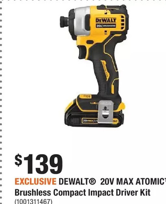 Home Depot Dewalt 20v max atomic brushless compact impact driver kit offer