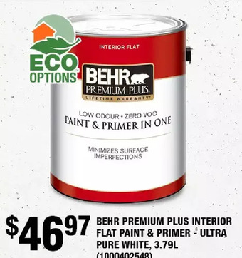 Home Depot Behr premium plus interior flat paint & primer - ultra pure white, 3.79 l offer