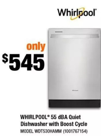 Home Depot Whirlpool 55 dba quiet dishwasher with boost cycle offer