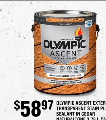 Home Depot Olympic ascent exterior transparent stain plus sealant in cedar naturaltone 3.78 l capacity offer