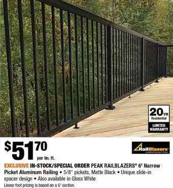 Home Depot Peak railblazers 6' narrow picket aluminum railing offer