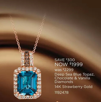 Charm Diamond Deep sea blue topaz, chocolate & vanilla diamonds 14k strawberry gold pendant offer