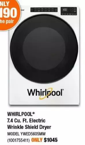 Home Depot Whirlpool 7.4 cu. ft. electric wrinkle shield dryer offer