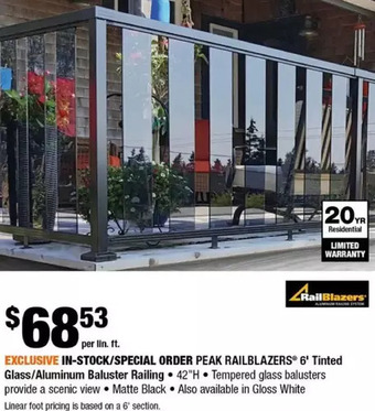 Home Depot Peak railblazers 6' tinted glass/aluminum baluster railing offer