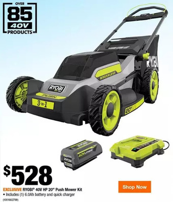 Home Depot Ryobi 40v hp 20 push mower kit offer