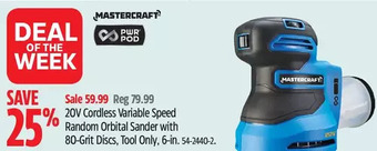 Canadian Tire Mastercraft 20v cordless variable speed random orbital sander with 80-grit discs offer