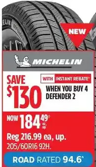 Canadian Tire Michelin defender 2 tires offer